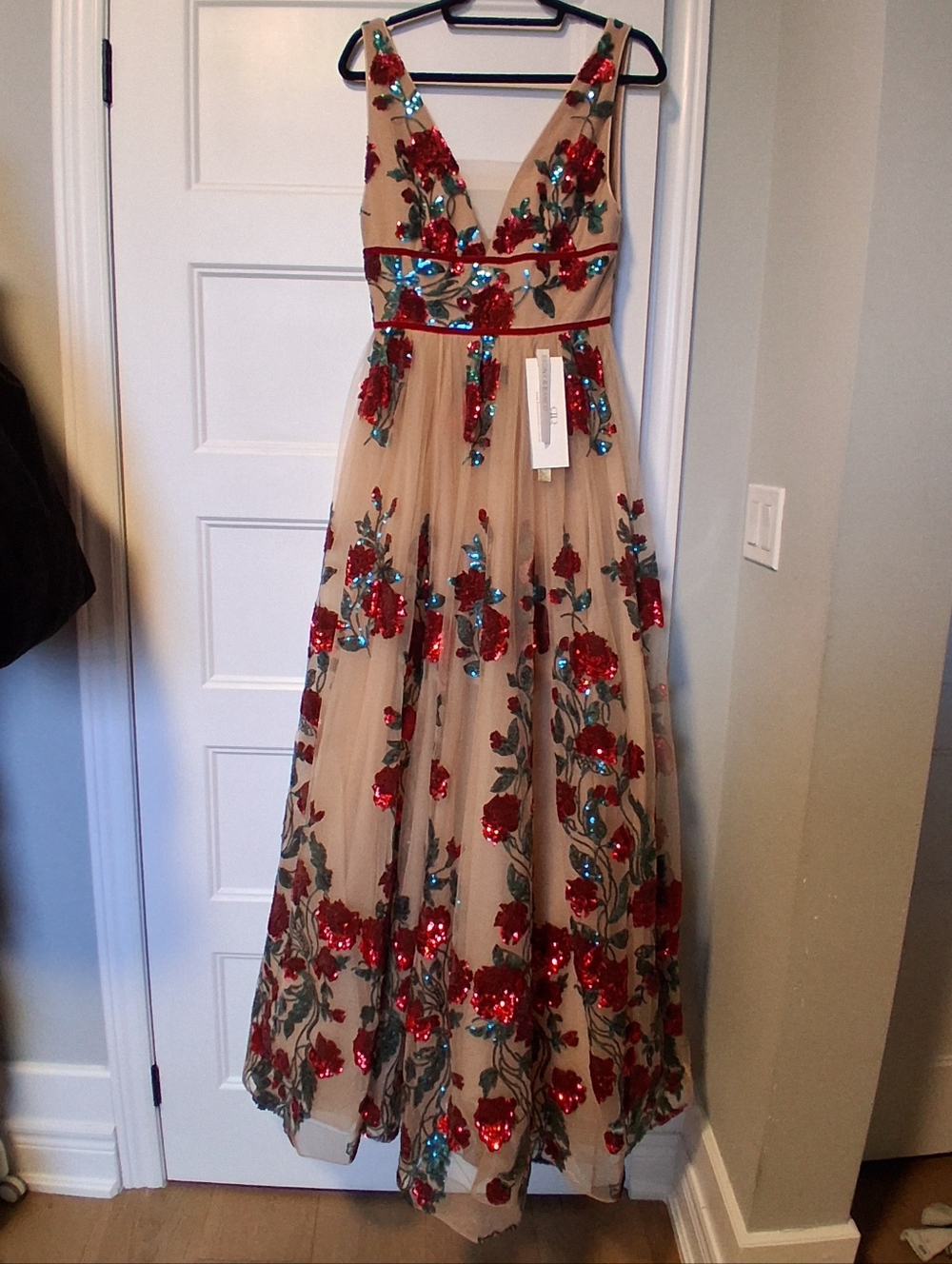 Bronx and Banco Nude Maxi Gown with Red and Green Sequin Florals - Picture 2 of 7